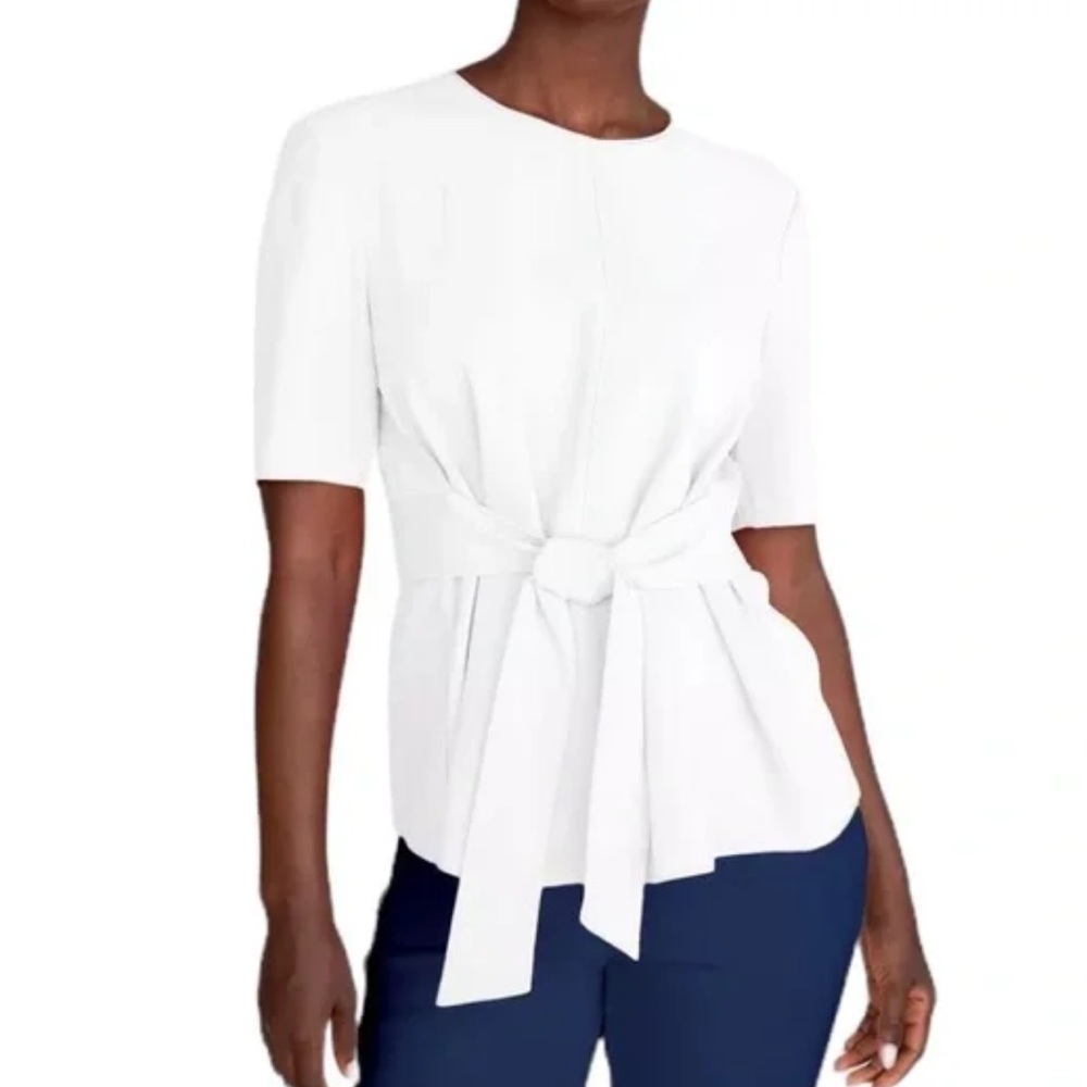 NWT Trina Turk Magic Tie-Front Short Sleeve White Blouse Flattering Tie Waist